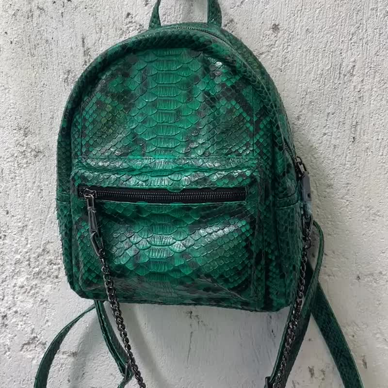 Python Leather Backpack Snakeskin  Backpack Green Leather Rucksack - 後背包/背包/書包 - 真皮 綠色